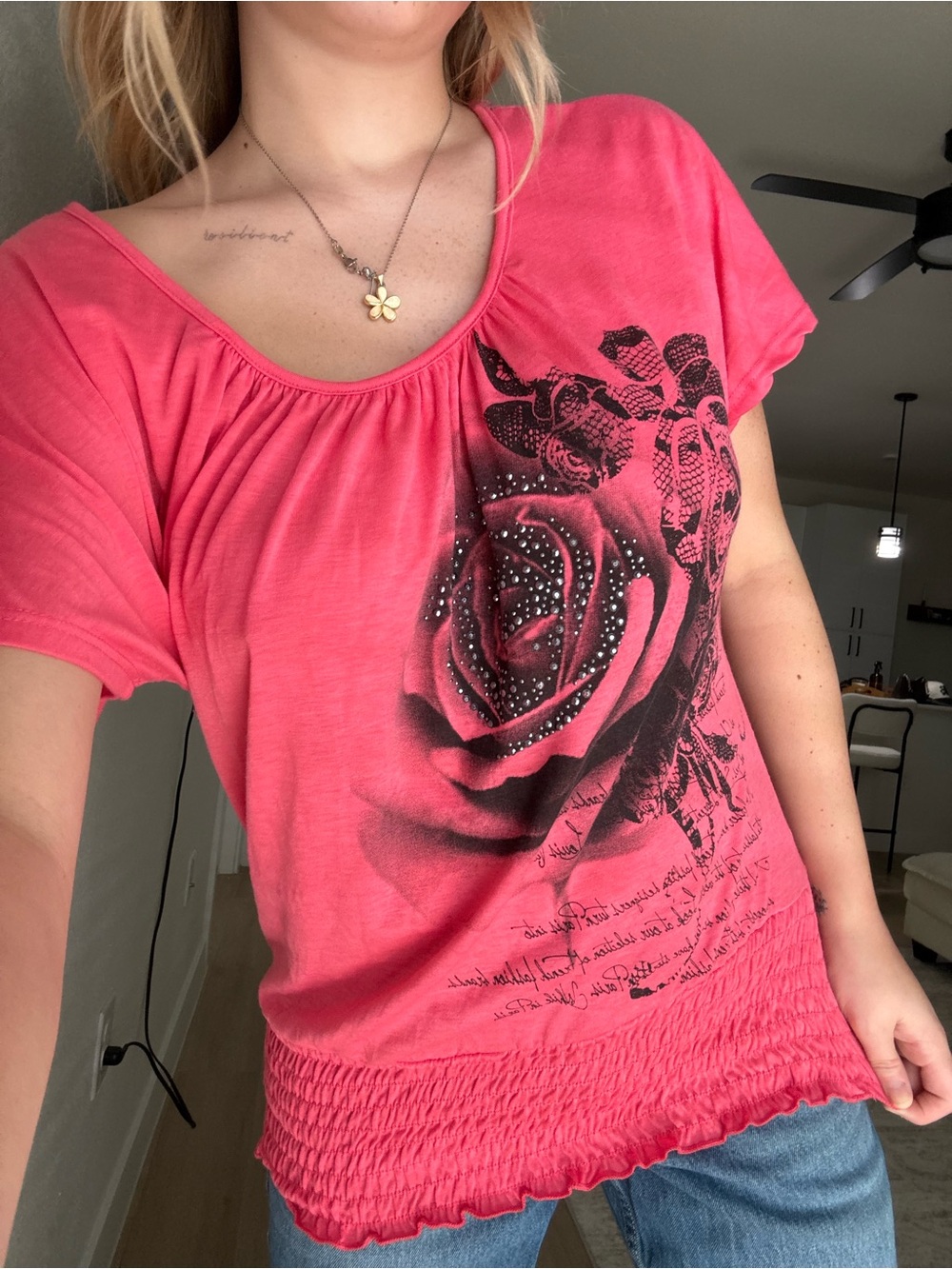 Agenda Coral Pink Short-Sleeve Top with Black Rose Graphic